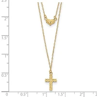 14k Polished 2-Strand Diamond Cut Cross and Heart with 2in. Ext. Necklace - 16-18 Inches