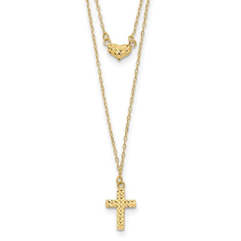 14k Polished 2-Strand Diamond Cut Cross and Heart with 2in. Ext. Necklace - 16-18 Inches