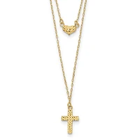 14k Polished 2-Strand Diamond Cut Cross and Heart with 2in. Ext. Necklace - 16-18 Inches