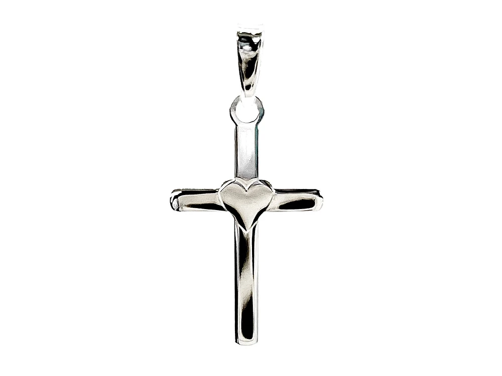 925 Sterling Silver 25mm x 15mm Flat Cross Charm with a Heart Center