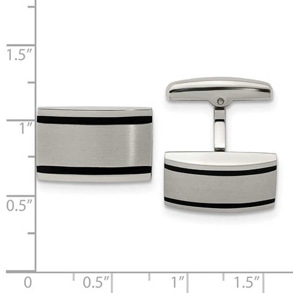 Stainless Steel Brushed and Polished Black Rubber Rectangle Cufflinks