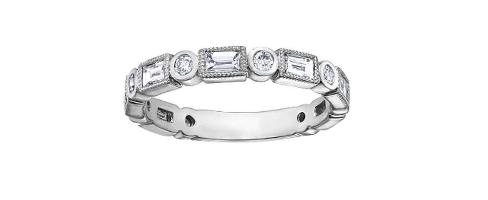 14K White Gold Baguette and Round Brilliant Cut Bezel Set Diamond Band - 6.5