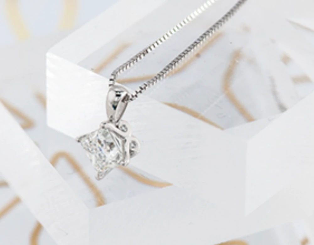 18K White Gold & Palladium Alloy (hypoallergenic) Princess Diamond Necklace - / Carat Weight