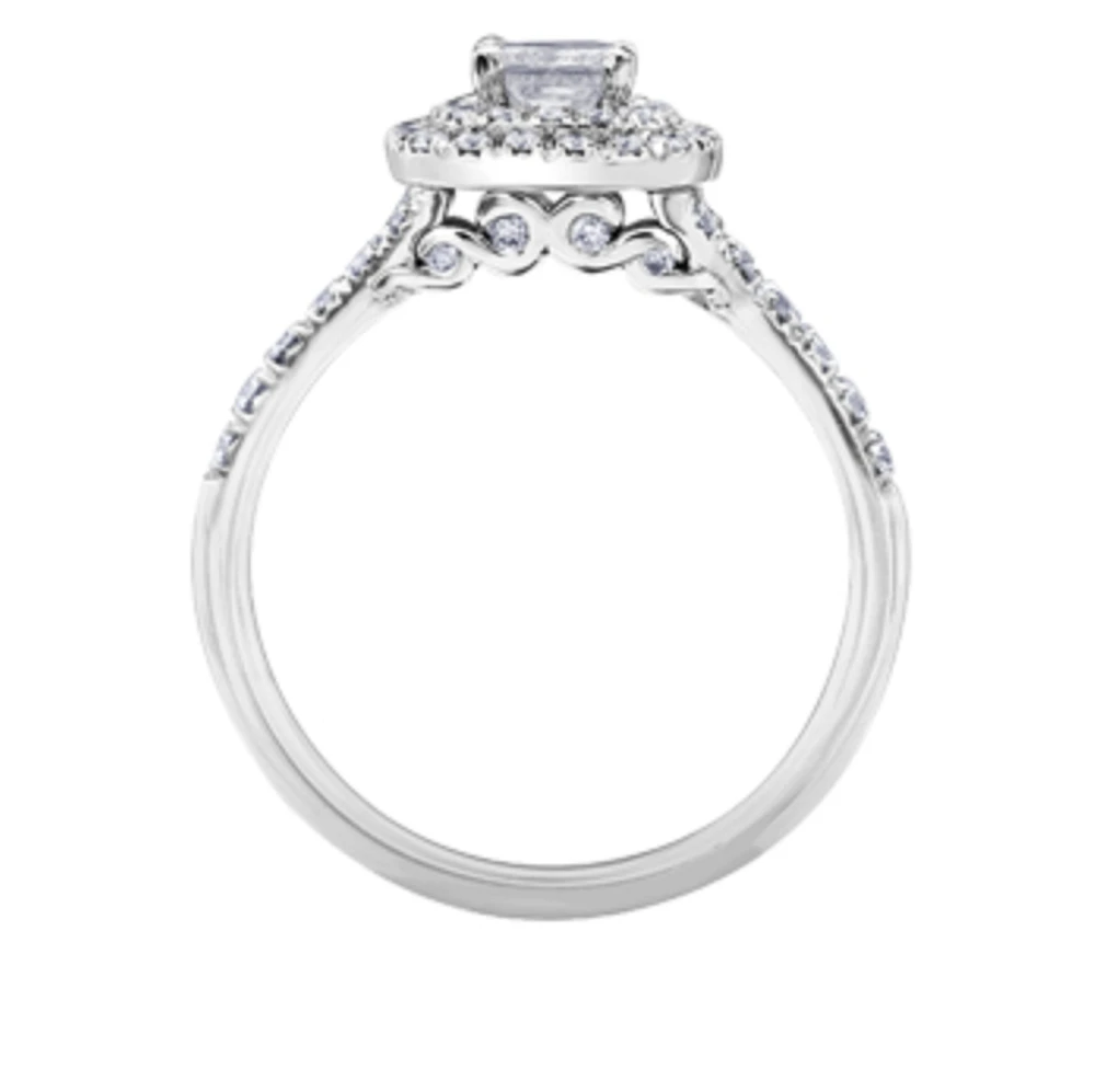18K White Gold/Palladium Alloy (hypoallergenic) 0.91cttw Princess Double Halo Diamond Ring - Gold /