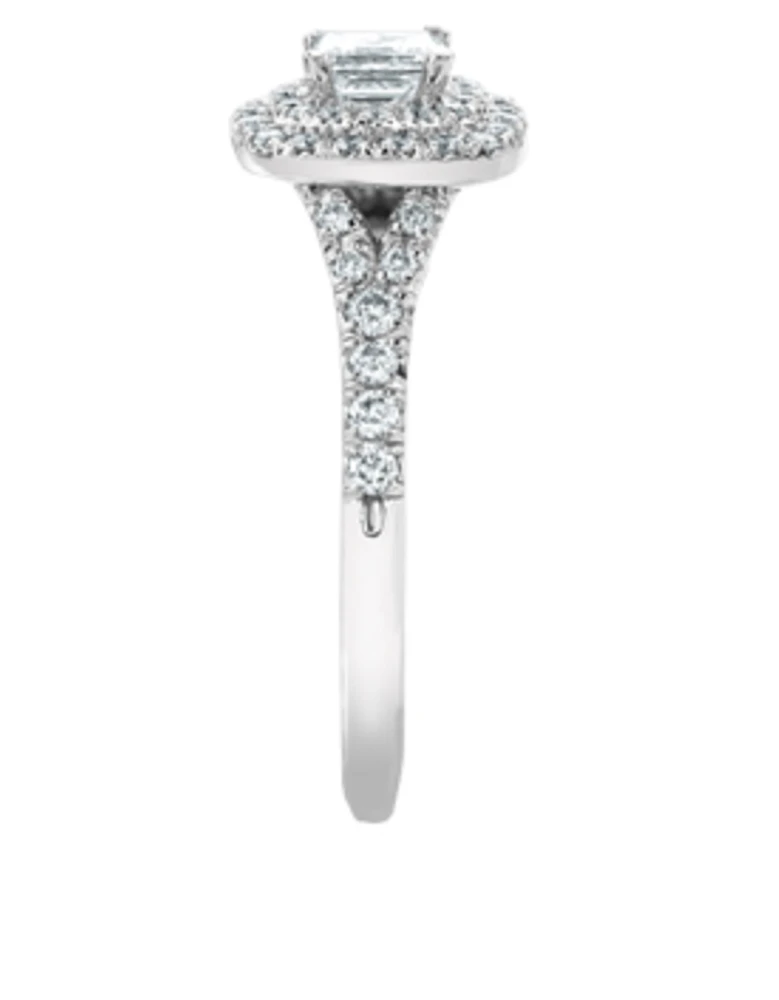 18K White Gold/Palladium Alloy (hypoallergenic) 0.91cttw Princess Double Halo Diamond Ring - Gold /