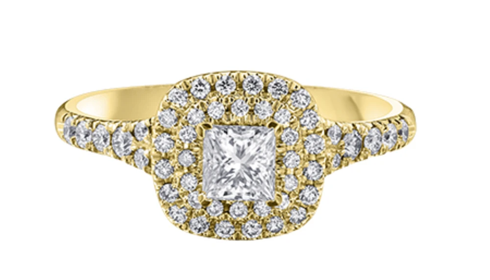 18K White Gold/Palladium Alloy (hypoallergenic) 0.91cttw Princess Double Halo Diamond Ring - Gold /