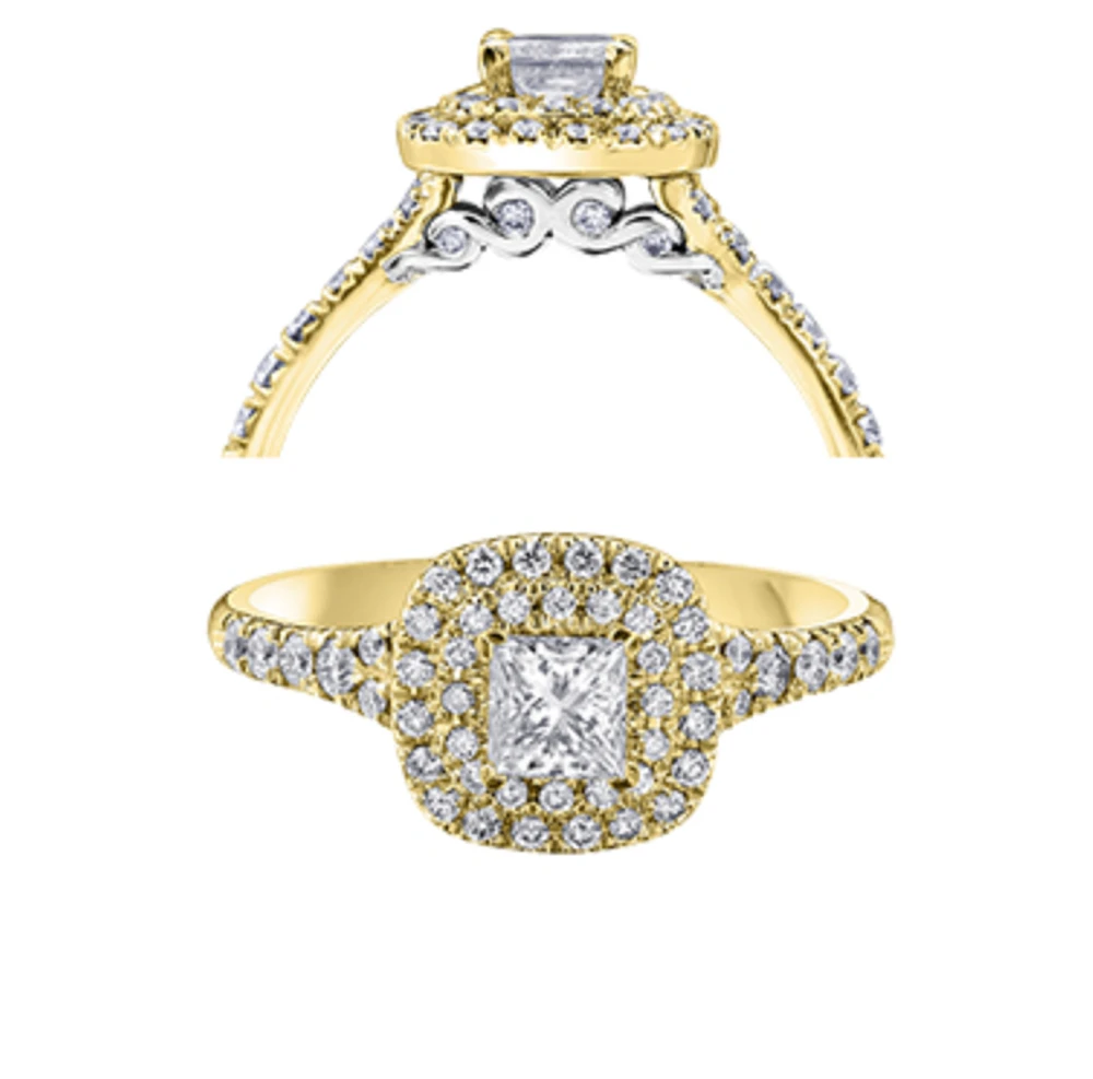 18K White Gold/Palladium Alloy (hypoallergenic) 0.91cttw Princess Double Halo Diamond Ring - Gold /