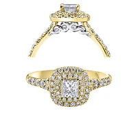 18K White Gold/Palladium Alloy (hypoallergenic) 0.91cttw Princess Double Halo Diamond Ring - Gold /