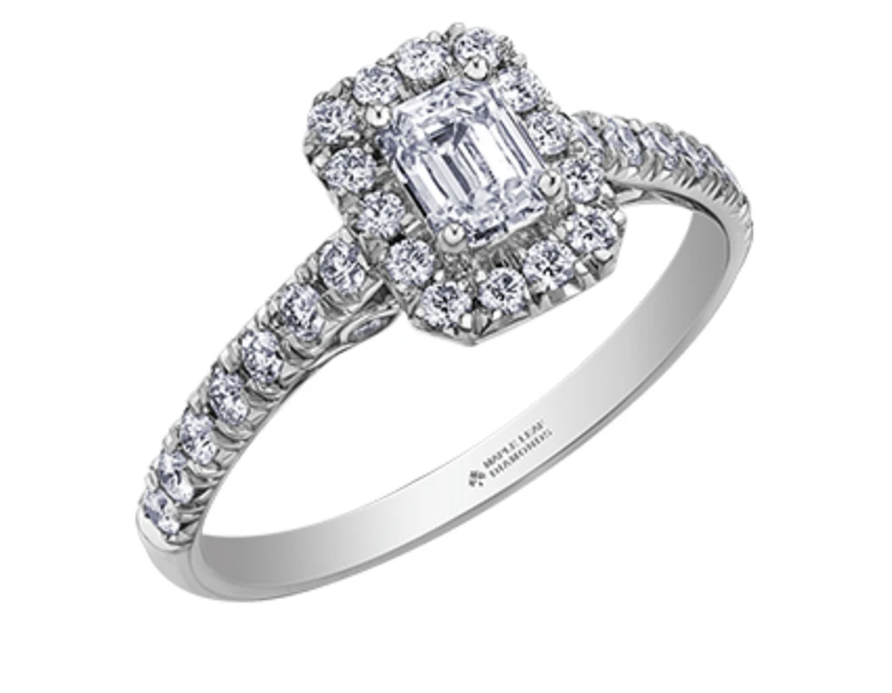 18K White Gold/Palladium Alloy (hypoallergenic) 1.00cttw Emerald Cut Halo Diamond Ring - Gold /