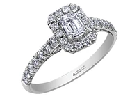 18K White Gold/Palladium Alloy (hypoallergenic) 1.00cttw Emerald Cut Halo Diamond Ring - Gold /