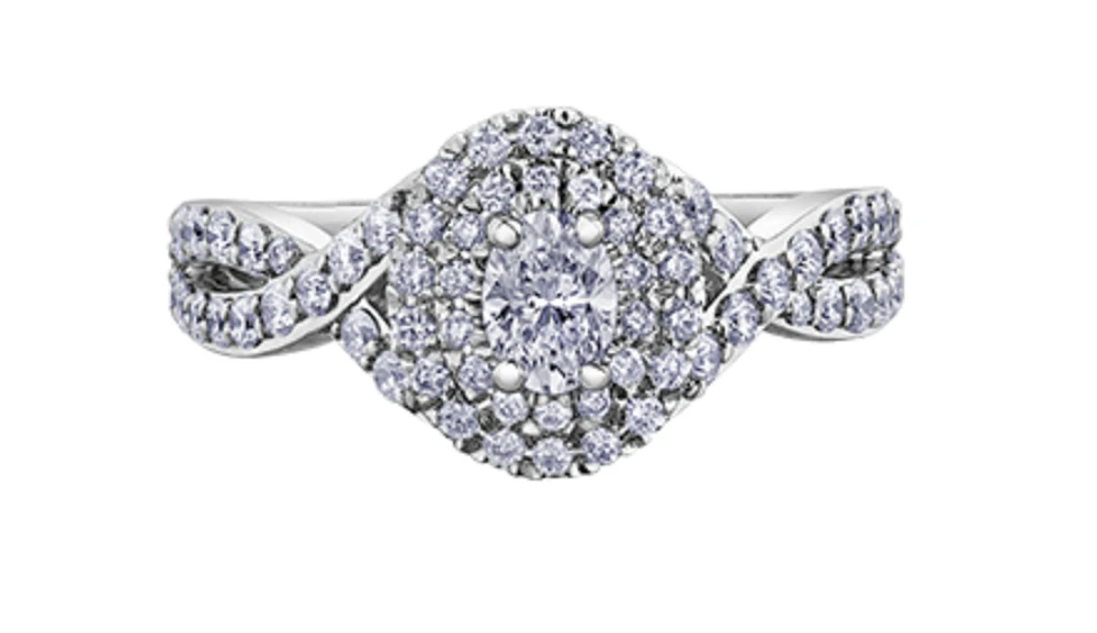 18K White Gold/Palladium Alloy (hypoallergenic) 1.00cttw Oval Double Halo Diamond Ring - Gold /