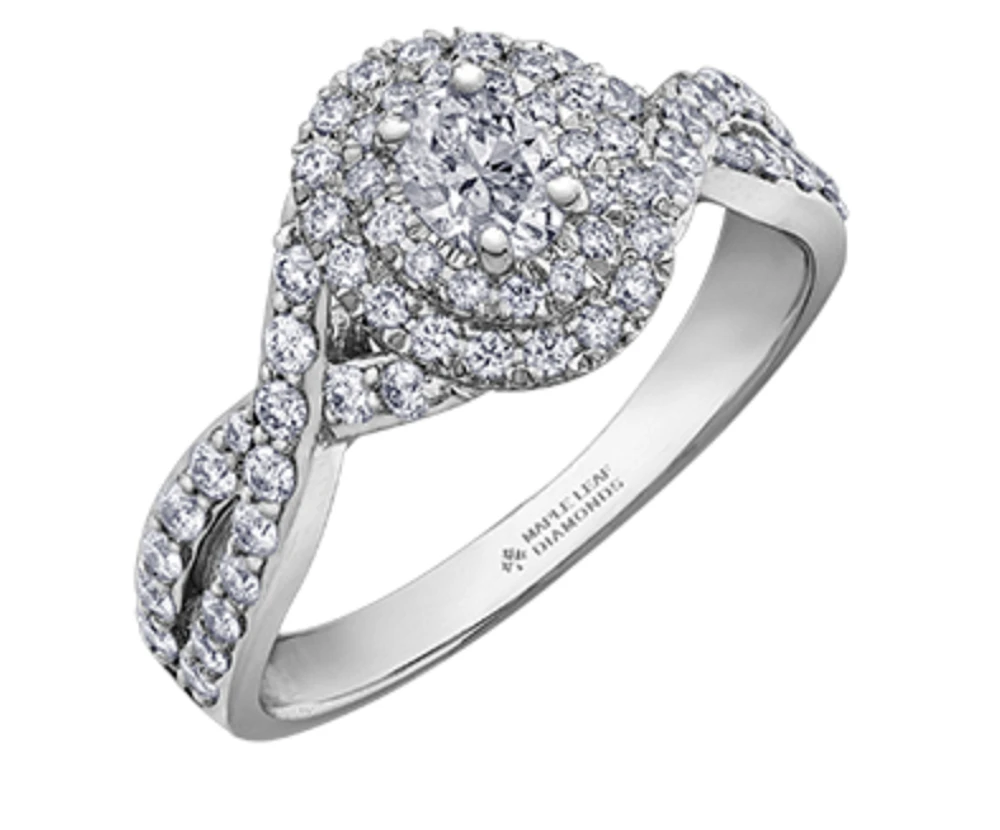 18K White Gold/Palladium Alloy (hypoallergenic) 1.00cttw Oval Double Halo Diamond Ring - Gold /