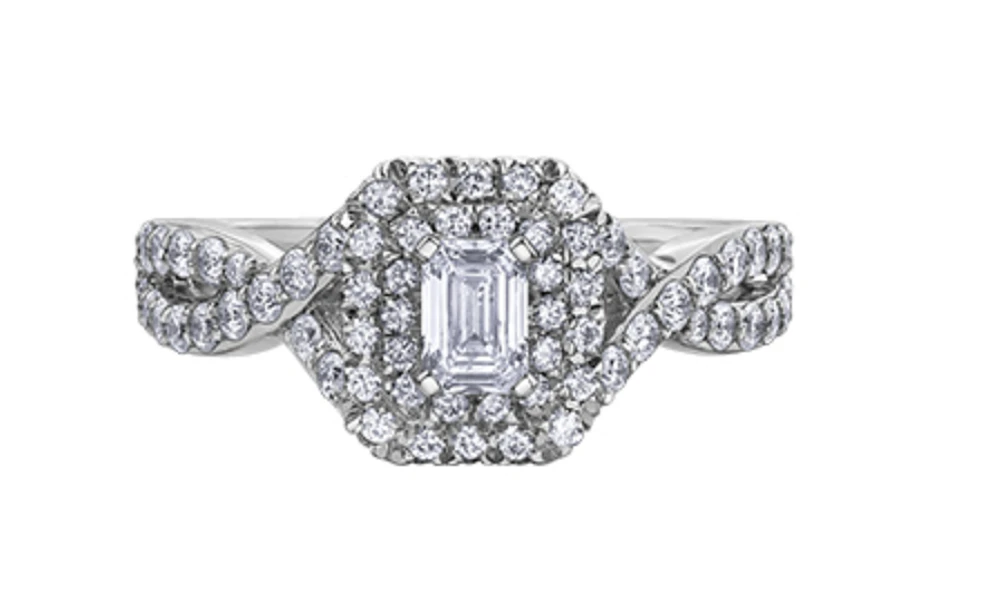 18K White Gold/Palladium Alloy (hypoallergenic) 1.00cttw Emerald Cut Double Halo Diamond Ring - Gold /