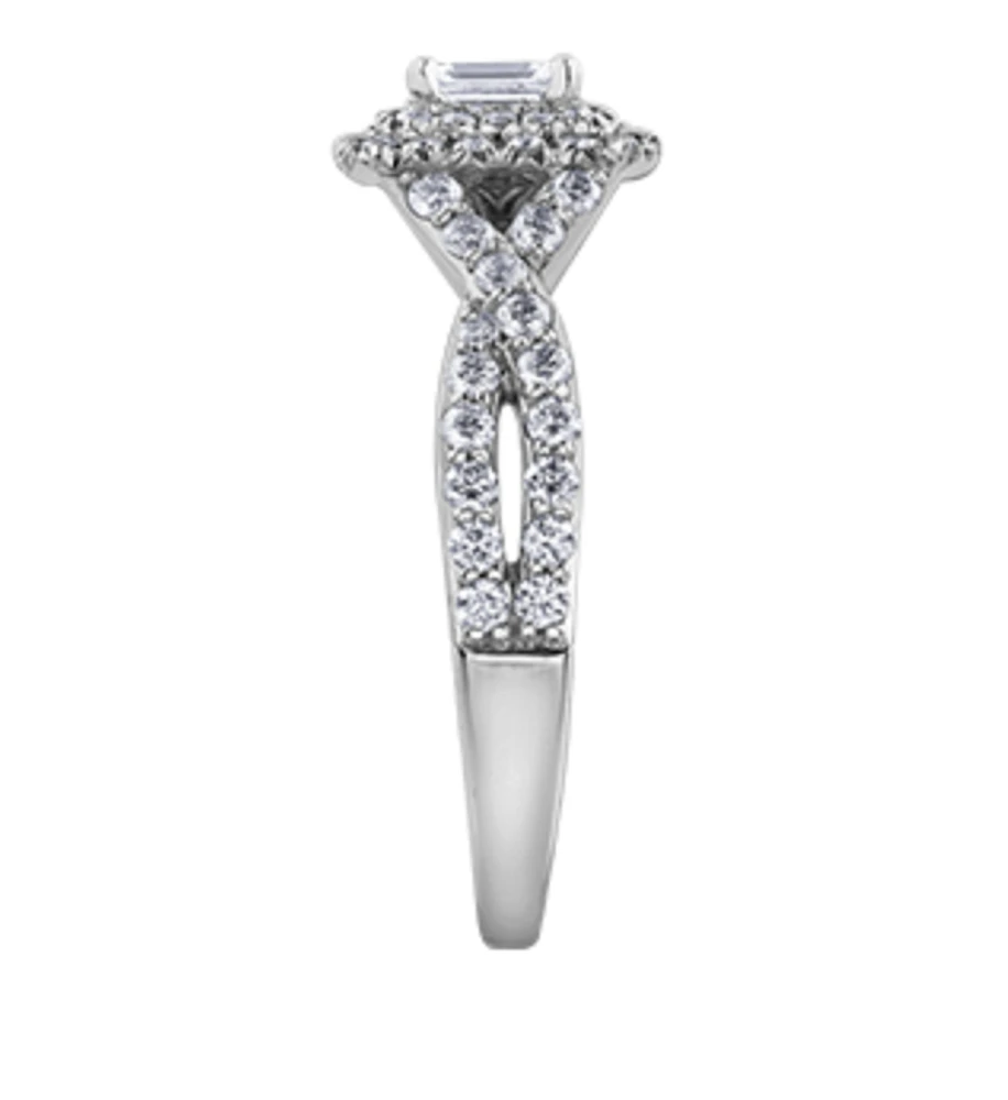 18K White Gold/Palladium Alloy (hypoallergenic) 1.00cttw Emerald Cut Double Halo Diamond Ring - Gold /