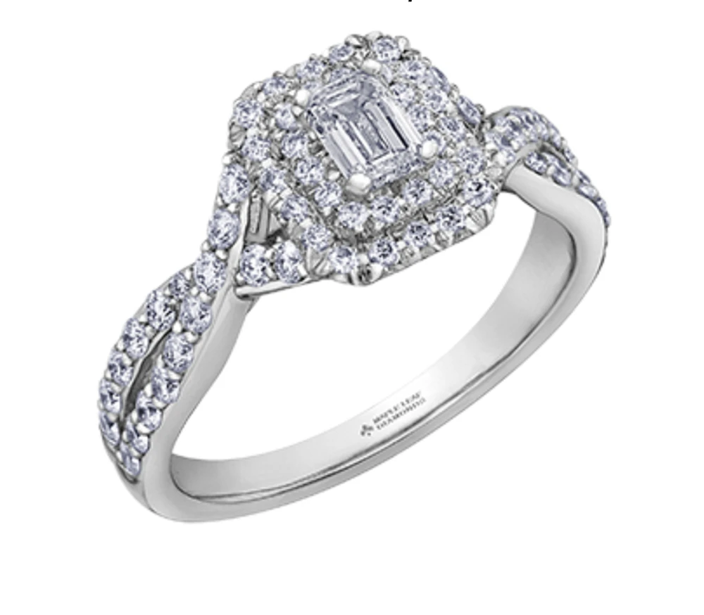 18K White Gold/Palladium Alloy (hypoallergenic) 1.00cttw Emerald Cut Double Halo Diamond Ring - Gold /
