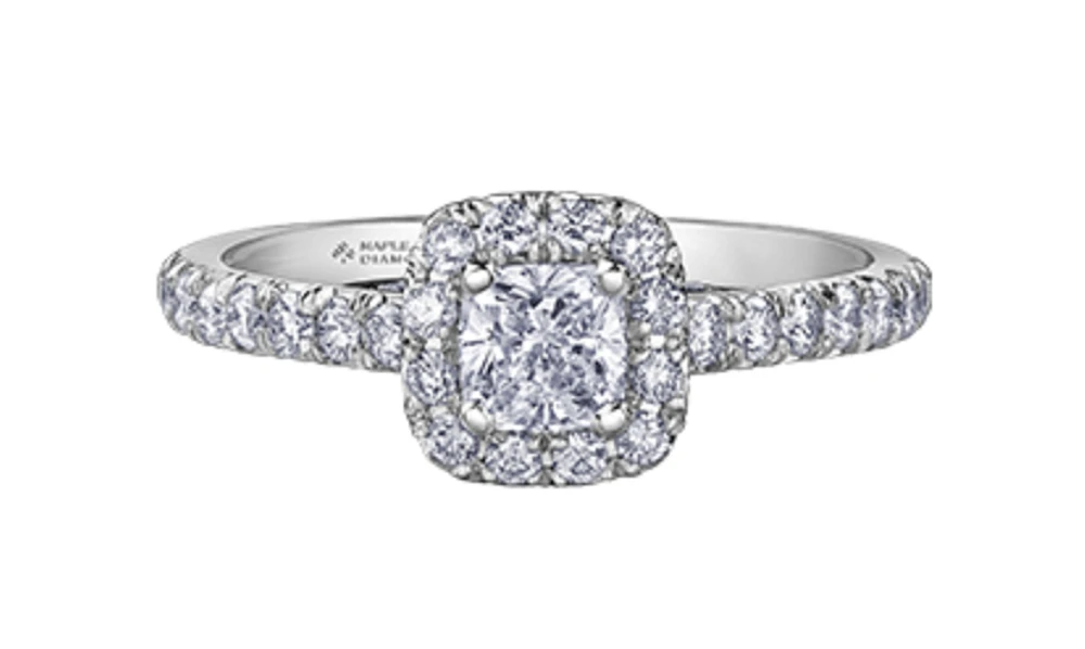 18K White Gold/Palladium Alloy (hypoallergenic) 1.00cttw Cushion Shape Halo Diamond Ring - Gold /