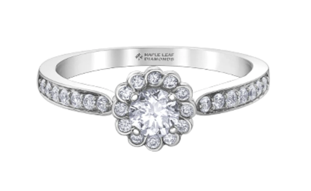 18K White Gold/Palladium Alloy (hypoallergenic) 0.60cttw Round Brilliant Diamond Halo Ring - Gold