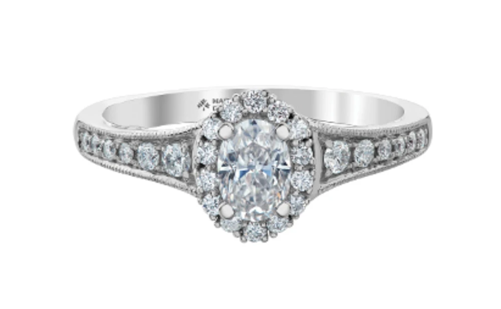 18K White Gold/Palladium Alloy (hypoallergenic) 0.90cttw Oval Shape Diamond Halo Ring - Gold /