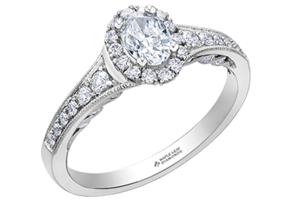 18K White Gold/Palladium Alloy (hypoallergenic) 0.90cttw Oval Shape Diamond Halo Ring - Gold /