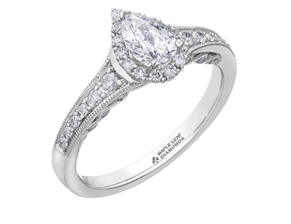 18K White Gold/Palladium Alloy (hypoallergenic) 0.90cttw Pear Shape Diamond Halo Ring - Gold /