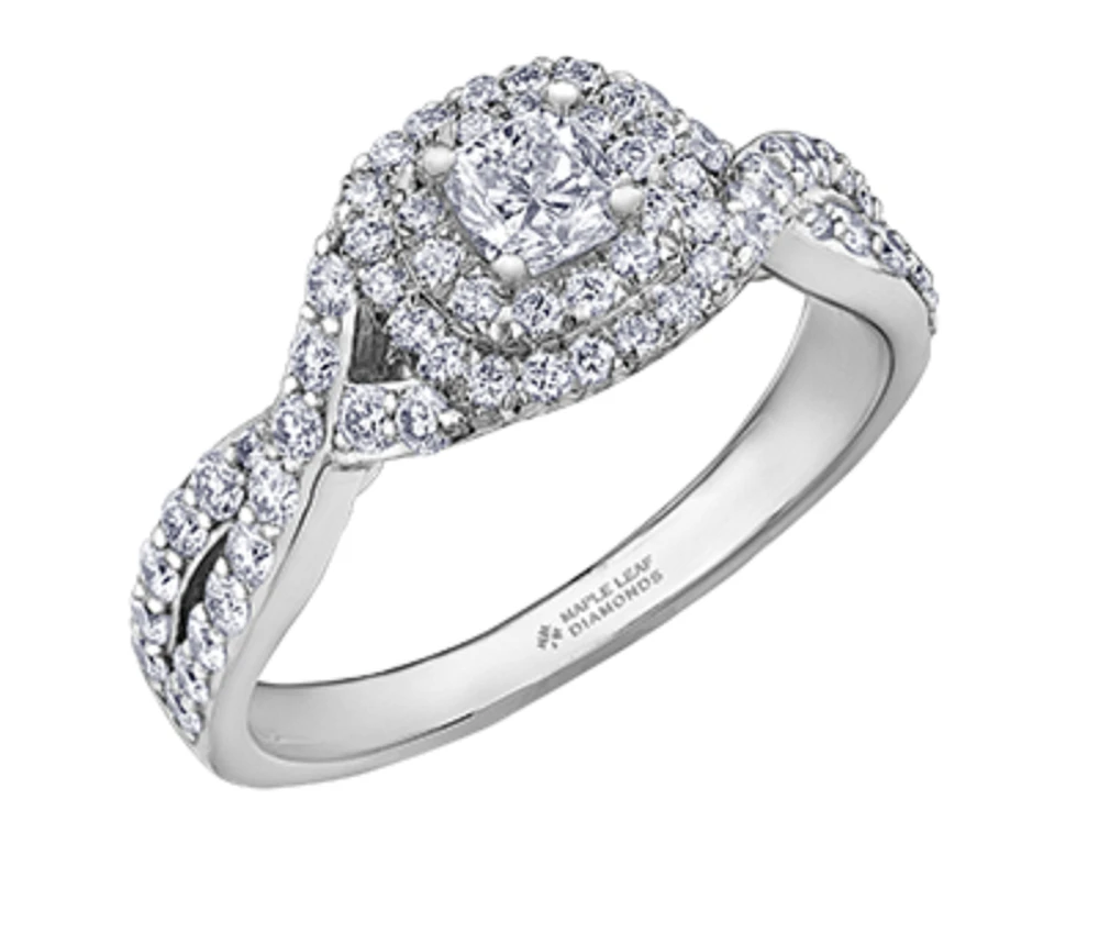 18K White Gold/Palladium Alloy (hypoallergenic) 1.00cttw Cushion Shape Double Halo Diamond Ring - Gold /