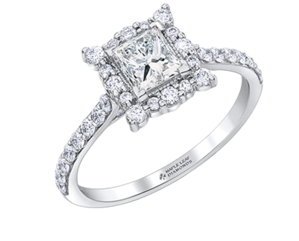 18K White Gold/Palladium Alloy (hypoallergenic) Princess Cut Halo Diamond Ring - Carat Total