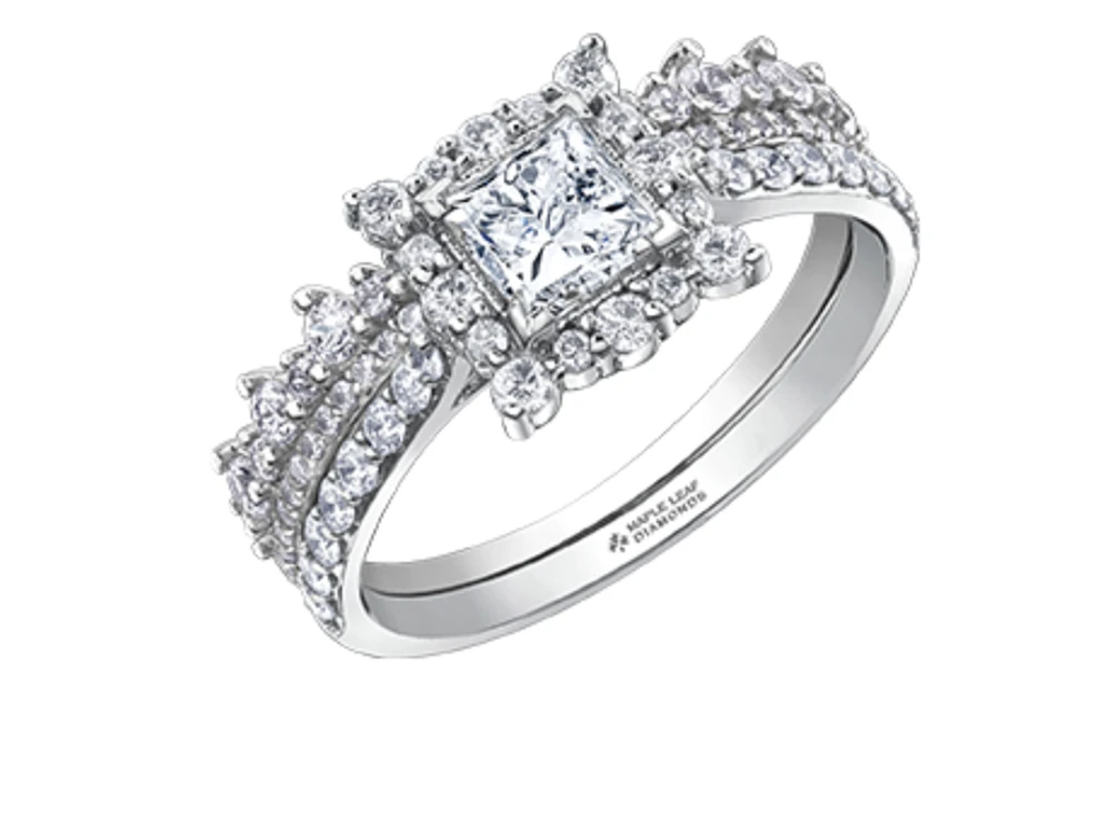 18K White Gold/Palladium Alloy (hypoallergenic) Princess Cut Halo Diamond Ring - Carat Total