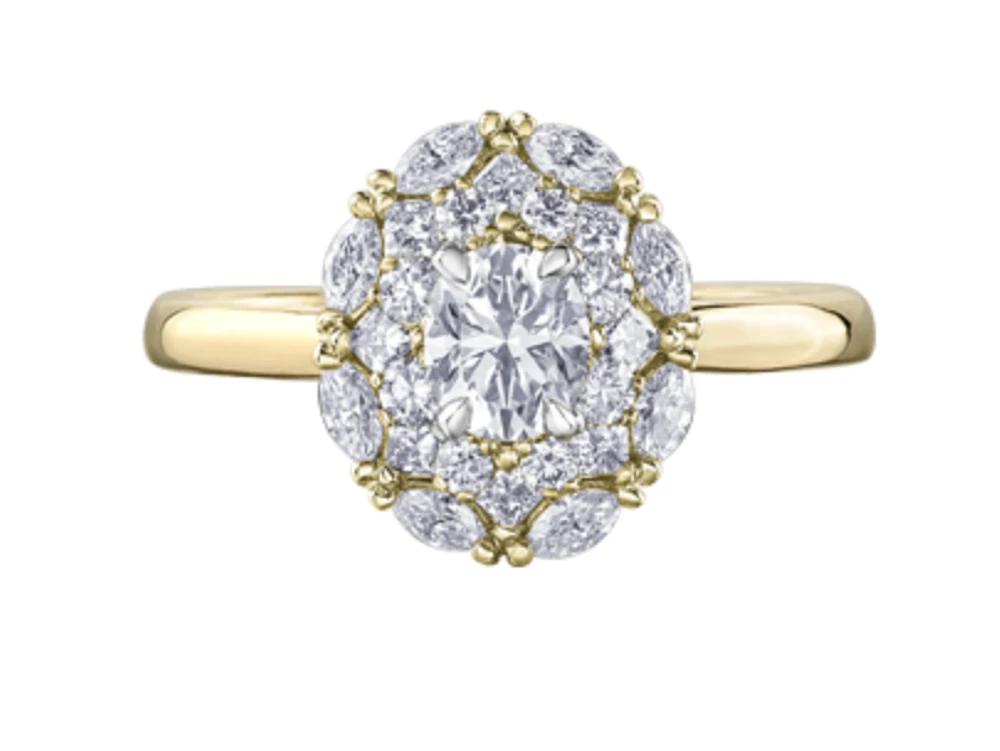 18K Yellow Gold/Palladium Alloy (hypoallergenic) 1.18cttw Round Brilliant Halo Diamond Ring