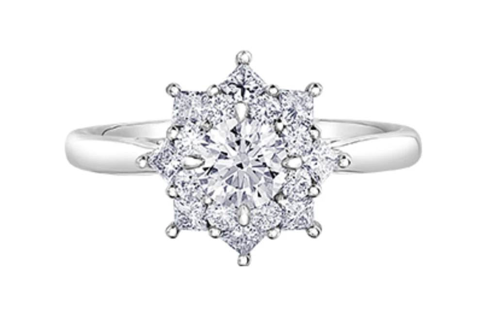 18K White Gold/Palladium Alloy (hypoallergenic) 1.15cttw Round Brilliant Halo Diamond Ring