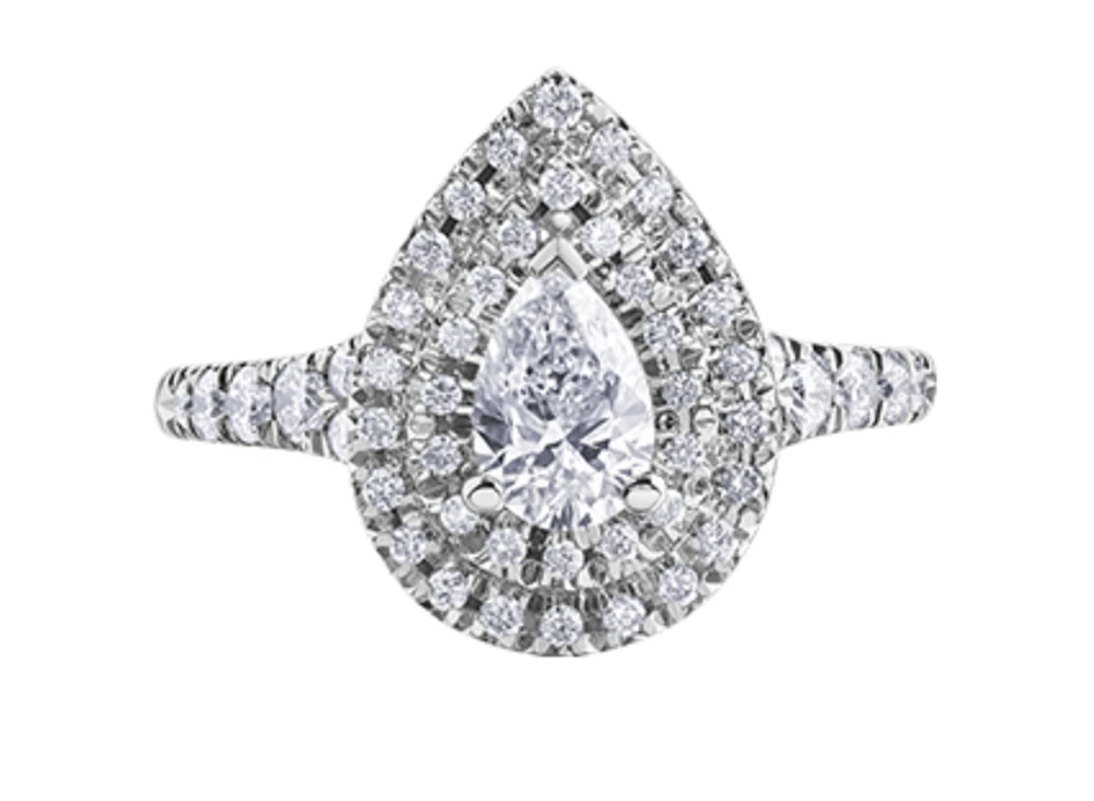 18K White Gold/Palladium Alloy (hypoallergenic) 1.00cttw Pear Shape Double Halo Diamond Ring