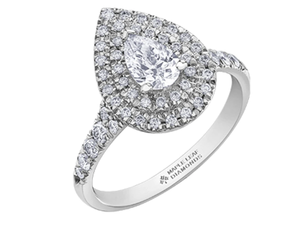 18K White Gold/Palladium Alloy (hypoallergenic) 1.00cttw Pear Shape Double Halo Diamond Ring