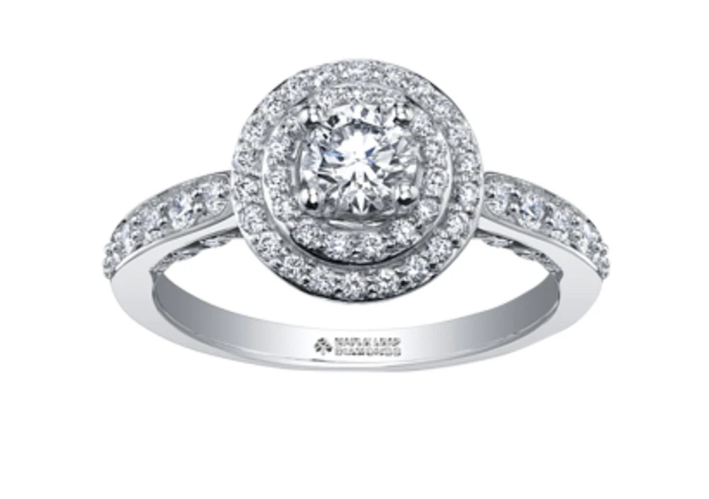 18K White Gold/Palladium Alloy (hypoallergenic) 0.90cttw Round Brilliant Double Halo Diamond Ring