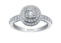18K White Gold/Palladium Alloy (hypoallergenic) 0.90cttw Round Brilliant Double Halo Diamond Ring