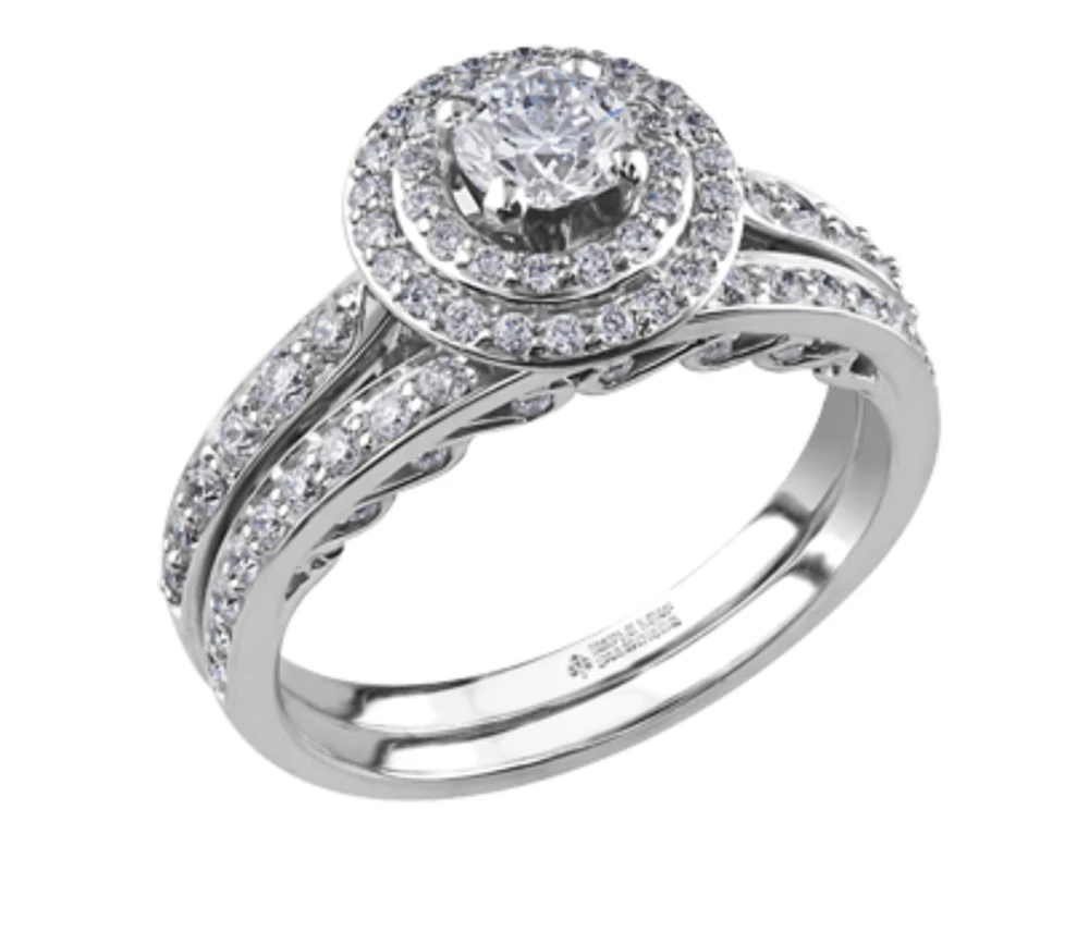 18K White Gold/Palladium Alloy (hypoallergenic) 0.90cttw Round Brilliant Double Halo Diamond Ring