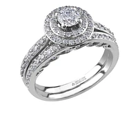 18K White Gold/Palladium Alloy (hypoallergenic) 0.90cttw Round Brilliant Double Halo Diamond Ring