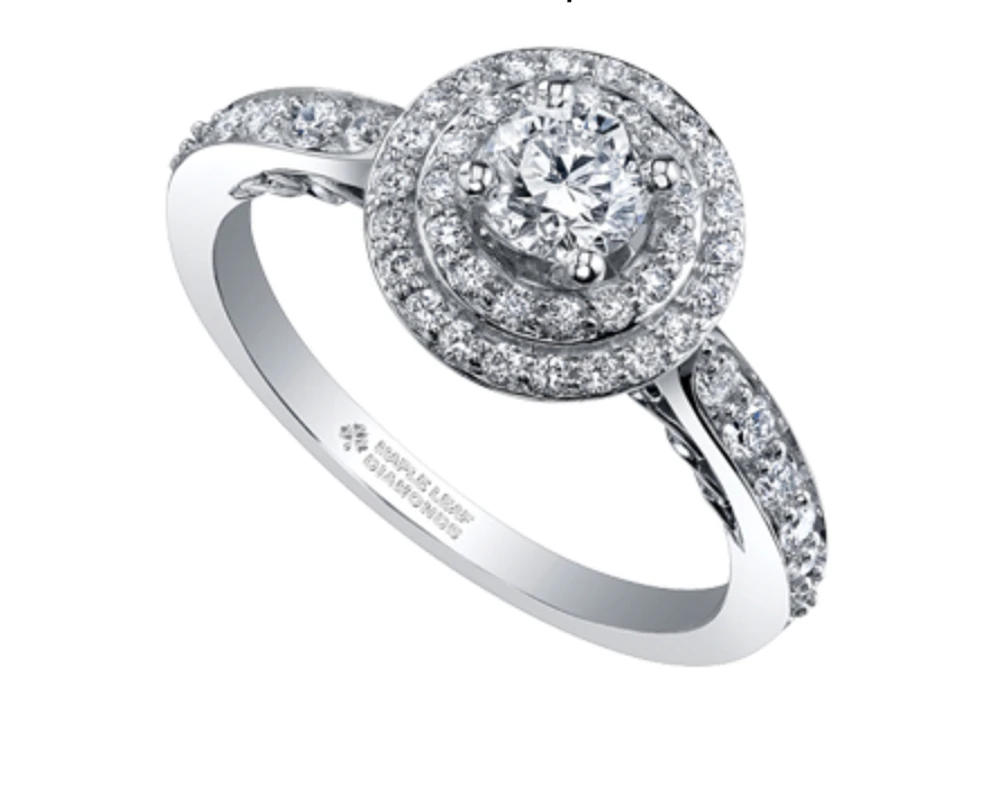 18K White Gold/Palladium Alloy (hypoallergenic) 0.90cttw Round Brilliant Double Halo Diamond Ring