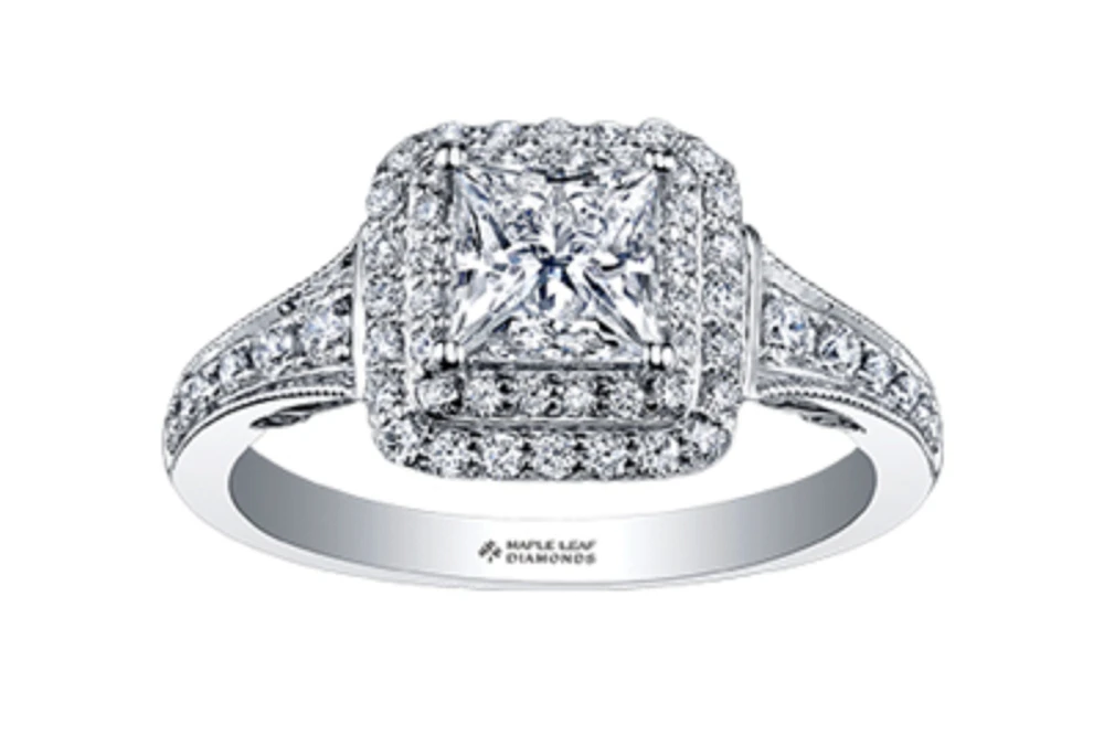 18K White Gold/Palladium Alloy (hypoallergenic) 0.65-1.50cttw Princess Shape Double Halo Diamond Ring - / Carat Total 5