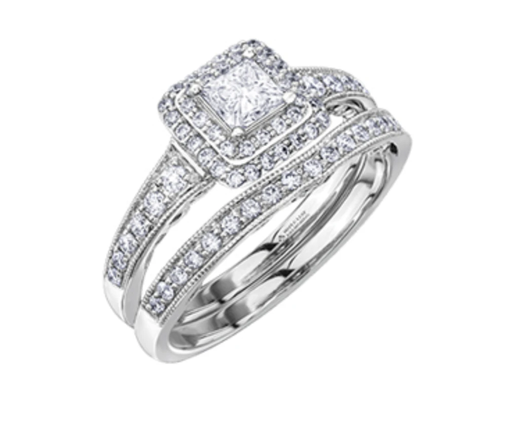 18K White Gold/Palladium Alloy (hypoallergenic) 0.65-1.50cttw Princess Shape Double Halo Diamond Ring - / Carat Total 5