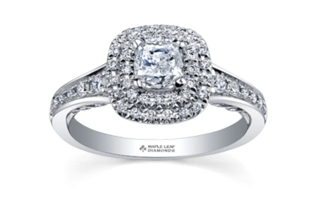 18K White Gold/Palladium Alloy (hypoallergenic) 0.65-1.50cttw Cushion Cut Double Halo Diamond Ring - / Carat Total