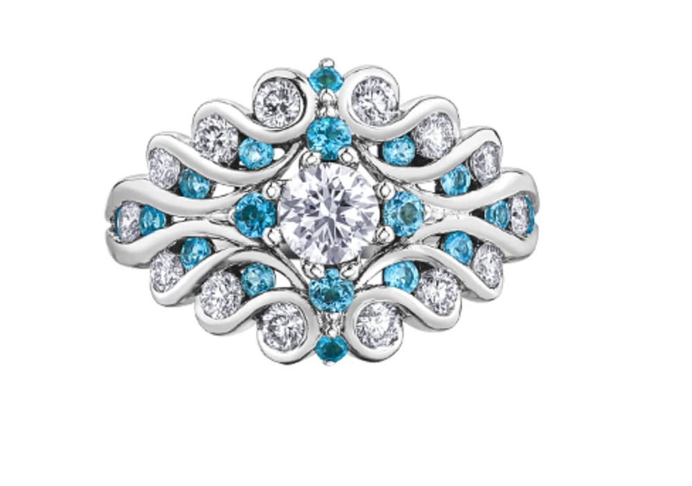 14K White Gold Blue Topaz and 1.00cttw Diamond Ring - Size 6.5