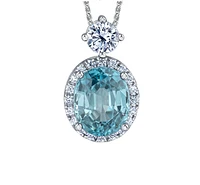 18K White Gold & Palladium Alloy(hypoallergenic) 12X10mm Genuine Oval Cut Blue Zircon and 1.04cttw Diamond Pendant
