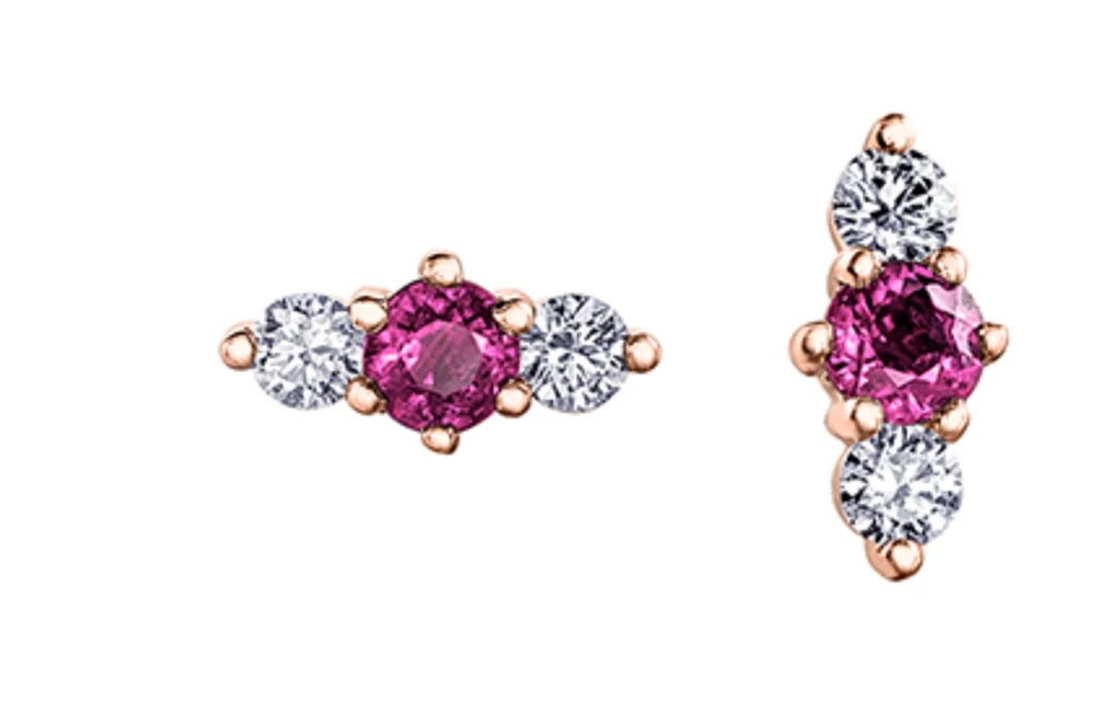 14K Yellow Gold 3mm Pink Sapphire and 0.16cttw Diamond Stud Earrings