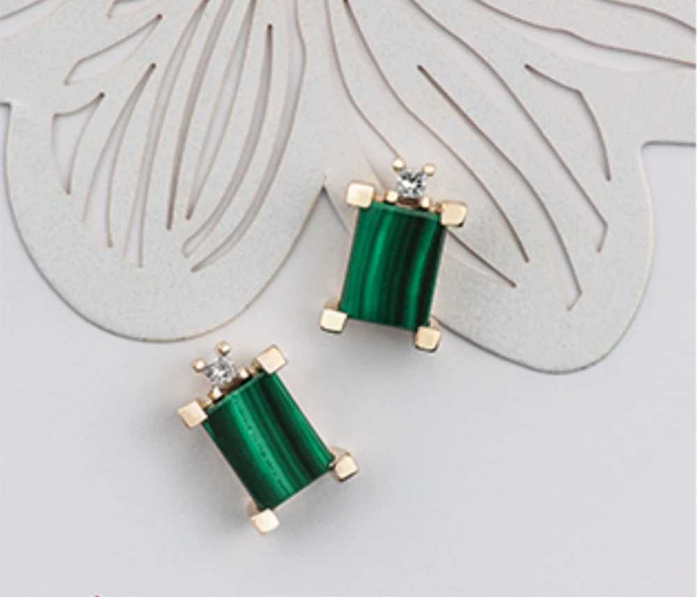 10K Yellow Gold Genuine Malachite & 0.08cttw Canadian Diamond Stud Earrings