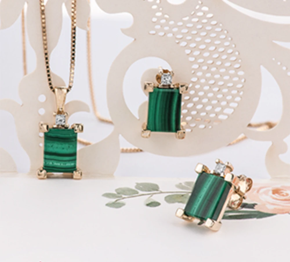 10K Yellow Gold Genuine Malachite & 0.08cttw Canadian Diamond Stud Earrings