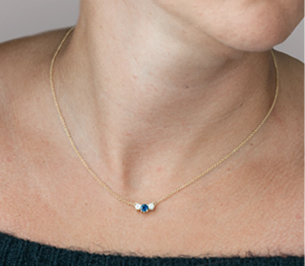 14K Yellow Gold Round Brilliant Sapphire & 0.18cttw Canadian Diamond Necklace