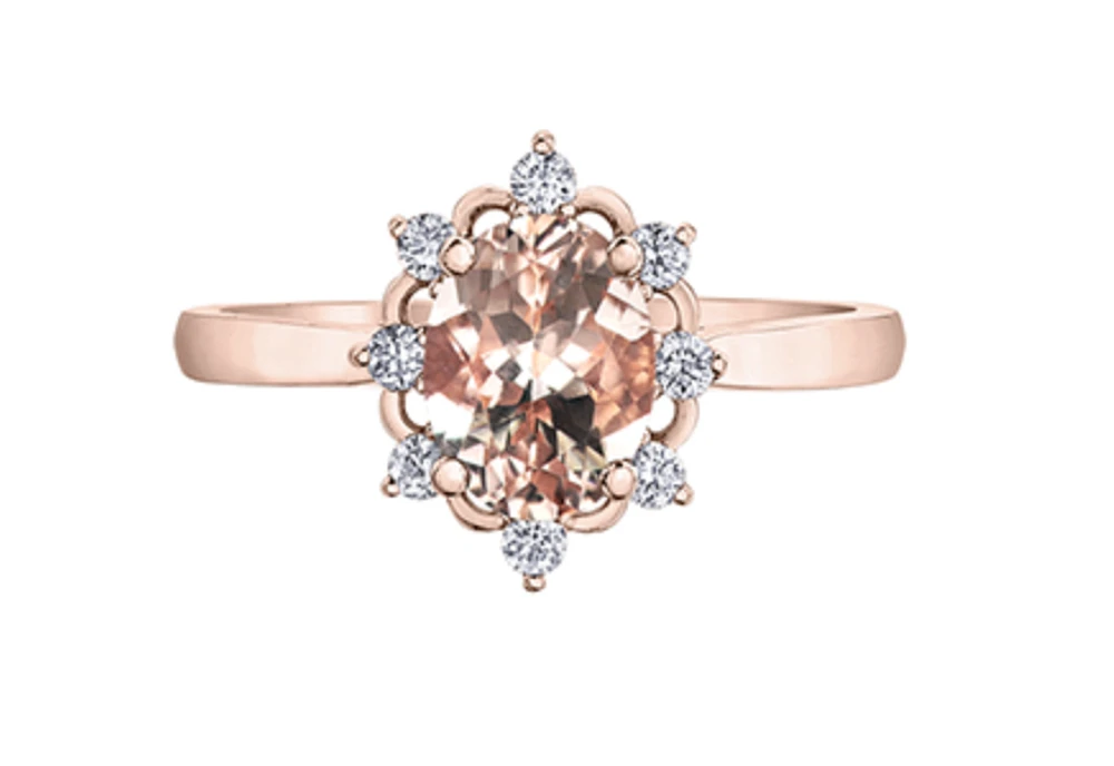 14K Rose Gold Genuine Oval Shape Morganite & 0.16cttw Canadian Diamond Ring, 6.5