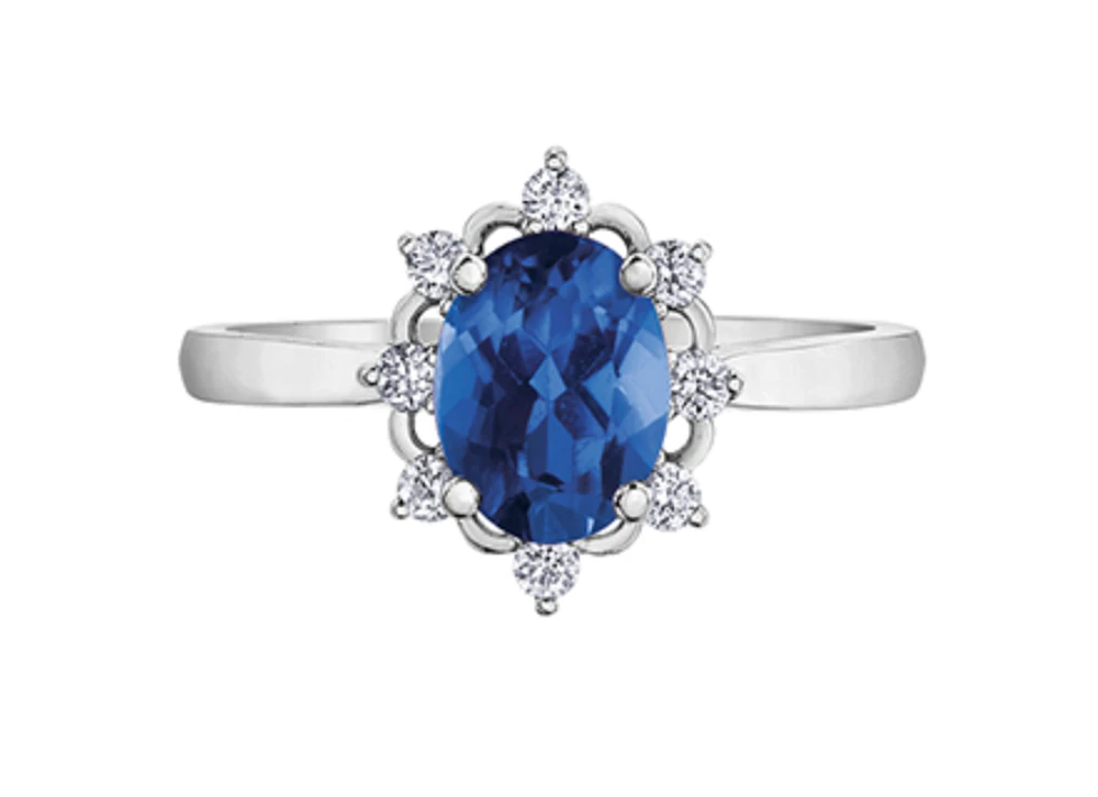 14K White Gold Oval Blue Sapphire & 0.16cttw Canadian Diamond Ring, 6.5