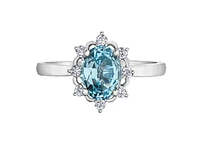 14K White Gold Genuine Oval Aquamarine and 0.16cttw Canadian Diamond Ring, 6.5