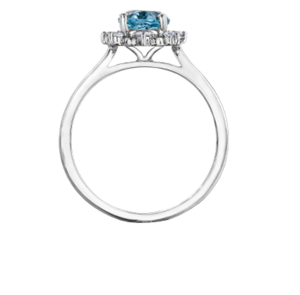 14K White Gold Genuine Oval Aquamarine and 0.16cttw Canadian Diamond Ring, 6.5