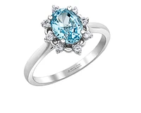 14K White Gold Genuine Oval Aquamarine and 0.16cttw Canadian Diamond Ring, 6.5